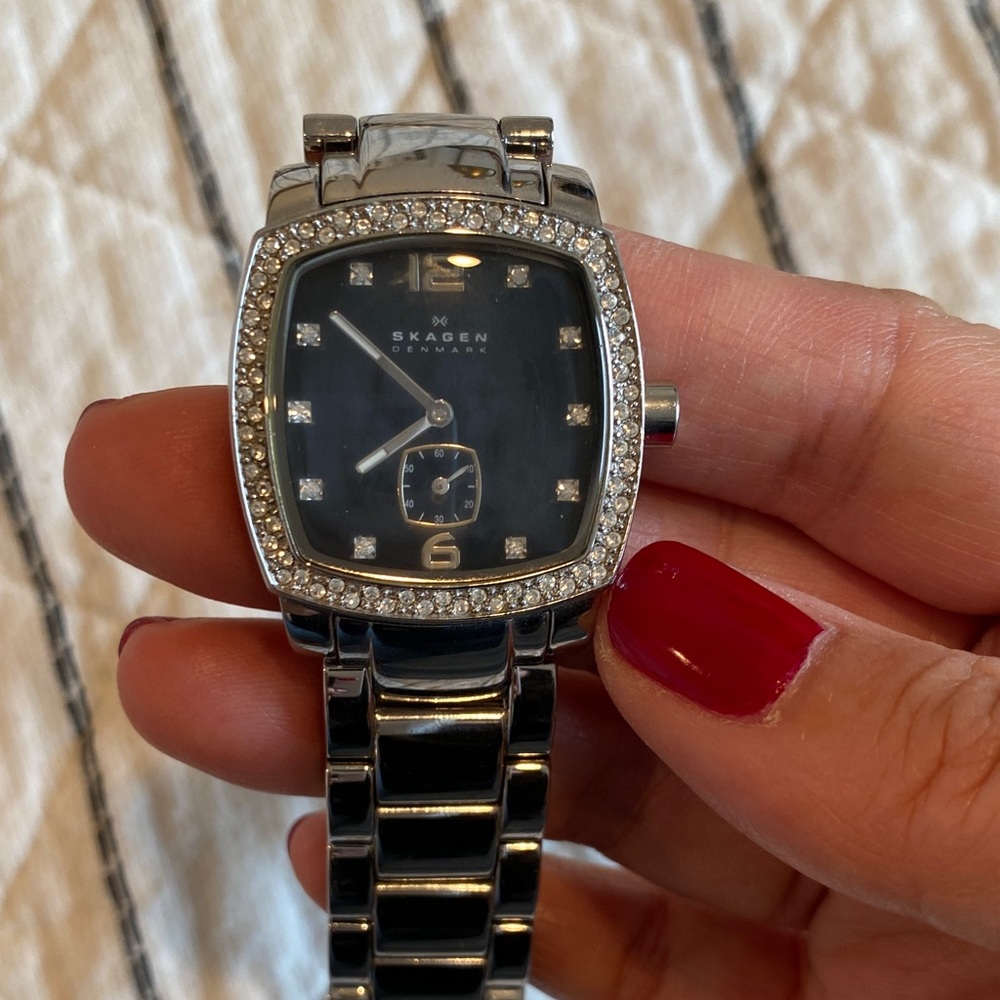 Skagen Silver and Black Square Watch with Crystal Details